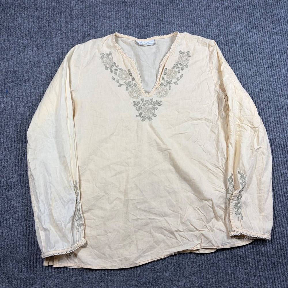 Ninety Blouse Women 4 Cream Embroidered V-Neck Long Sleeve Cotton Blouse Top